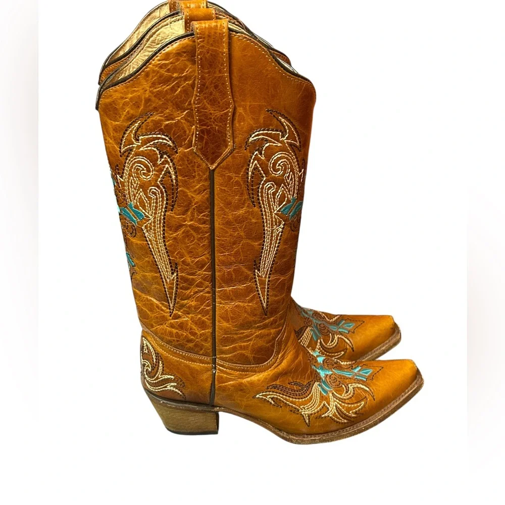 Circle G by Corral Cognac & Turquoise-Beige Wing & Cross Boots Size 10 - Picture 3 of 11